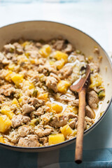 Pork tenderloin stir fry with scallions and pineapple 