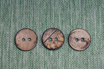 Three large old buttons made of wood on canvas from my grandmother's box. Vintage items for...