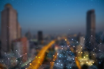 Smart city and communication network. Matrix mesh or matrix grid over blurred cityscape bangkok,...