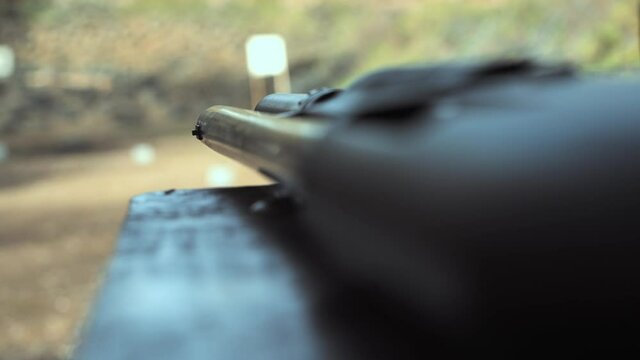 Hunting rifle. Shotgun. Close-up. Sport shooting from a gun in a shooting range.