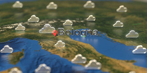 Bologna city and cloudy weather icon on the map, weather forecast related 3D rendering