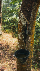 An abandoned black plastic latex bowl for rubber milk hanging on the tree. Unused rubber container filled with rain water. Milky latex extraction plantation. Vintage look and concept. Selective focus.