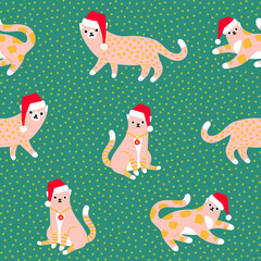 Christmas cats in Santa's hats on green polka dot background seamless pattern.