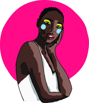 Afro American women fashion vector illustration. modern sketch beautiful dark-skinned girl. Contemporary art. black skin. Graphic line . makeup 