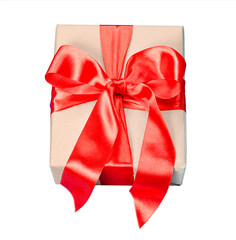 Gift box with red ribbon isolated on white background.
