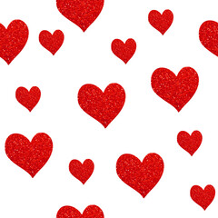 Seamless pattern with shiny red hearts, white background