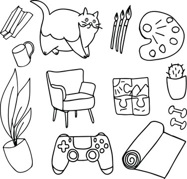 vector illustration. pet. set of objects from boredom. home objects. armchair, flower, yoga mat