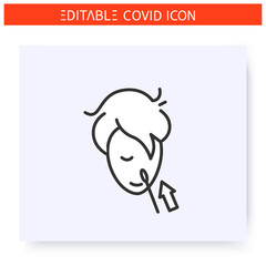 Insert collection swab into nostril line icon. Coronavirus home testing tutorial. Covid19 nasal swab kit. DNA sample. Flu, covid diagnostics equipment. Isolated vector illustration. Editable stroke 