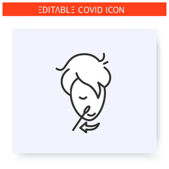Use the same swab to test another nostril line icon.Coronavirus home testing tutorial.Covid19 nasal swab kit. DNA sample.Flu, covid diagnostics equipment.Isolated vector illustration.Editable stroke 