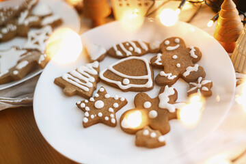 Decorated christmas tree, star and reindeer cookies with frosting. Gingerbread cookies tradition