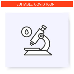  Blood analysis line icon. Drop under the microscope. Chemical research. Covid19 antibodies rapid test. Blood laboratory test. Water quality analysis. Isolated vector illustration. Editable stroke