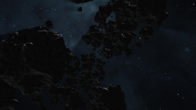 Loopable animation: spinning flight through dark deep space hazy asteroids field backlit by bright glowing star