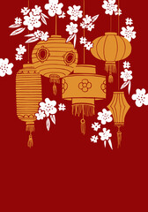 Traditional Chinese paper lanterns in flowers on the top of the page. Hand drawn vector stylized illustration