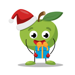 Cute green apple in a red Christmas hat with a gift box. Little fruit character. Vector flat illustration.