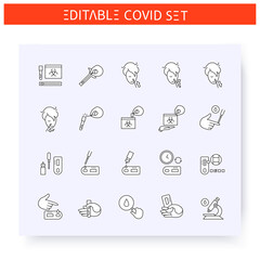 Covid19 testing line icons set.Rapid blood diagnostic and nasal swab test.Coronavirus home testing tutorial, step by step. Flu, covid diagnostics equipment.Isolated vector illustration.Editable stroke