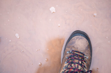 Wanderschuh in einer Wasserpfütze