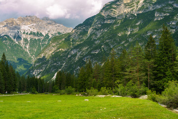 Mountain landscape along the road of Landro Valley, Dolomites