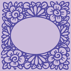 Fototapeta na wymiar Flower frame in linear sketch style for florist shops, organic cosmetics, wedding. Emblem design template with copy space for text, flowers background in pink colours. Vector