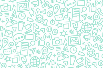 Social Network seamless pattern doodle style. Vector illustration wits hand drawn icons