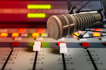 Рrofessional microphone and sound mixer in radio station