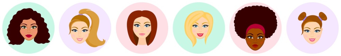 Women avatar set. Lady's haircuts set: short, wavy, ponytail. Racial diversity	