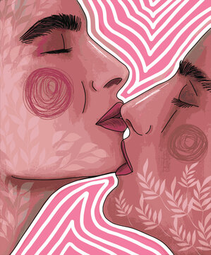 vector illustration of a kiss. sensual lips. lovers. graphic sketch. Valentine&rsquo;s Day postcard. Lovers. tender love. lesbian orientation