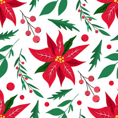 Christmas seamless pattern with winter plants - poinsettia, berries, leaves. Decoration for holiday. Background for wallpaper, wrapping paper, textile, fabric. Vector illustration isolated on white.