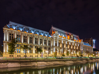 Illuminated Palace of Justice in Bucharest, Romania, by night
