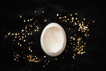Fototapeta na wymiar Eggshell on black fur with gold glitter close up