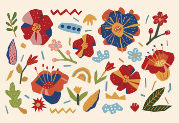 Paper cut collection with flowers and leaves. Colored trendy set in paper cut style. Vector illustration isolated on a white background