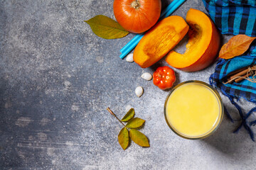 Healthy Autumn pumpkin smoothie with cinnamon in glass on a stone countertop. Top view flat lay background. Copy space.
