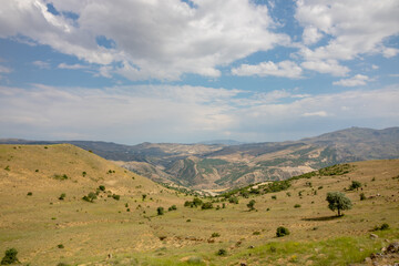 Landscape of the hills with sparse trees on it from top of the hill. cloudy sky and mountains on the background.