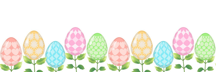 Cute Easter horizontal seamless pattern with Easter eggs on a white background. Great for postcards, banner, textiles, wallpaper, festive decoration. Vector illustration