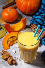 Healthy Autumn pumpkin smoothie with cinnamon in glass on a stone countertop.