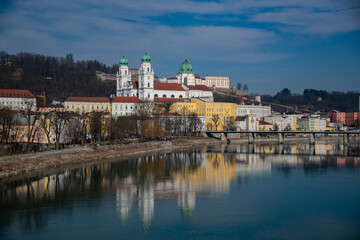 cathedral in the city of Passau and reflected in the river