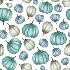 Seamless watercolor pattern with pumpkins. Hand-painted pumpkin ornament on white background. Botanical illustration for design, print or background.
