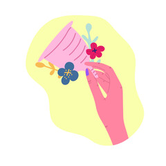 Hand holding menstrual cup. Flat illustration. Period, zero waste concept.
