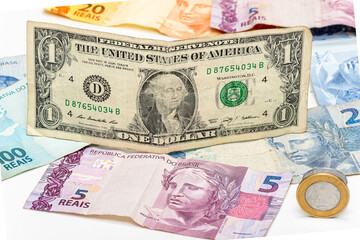 one dollar bill on Brazilian money notes, devaluation of Brazilian money