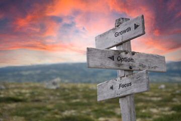 growth option focus text engraved in wooden signpost outdoors in nature during sunset and pink skies.