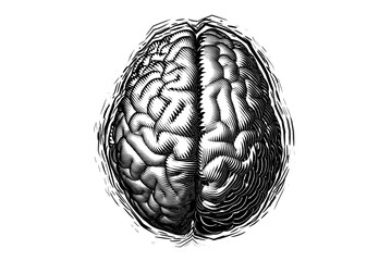 Monochrome engraving woodcut brain isolated on white BG