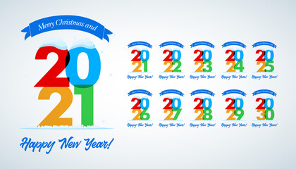 Big collection of 2021 - 2030 years. Happy New Year signs. Set of 2021-2030 Happy New Year symbols. Greeting card artwork, brochure template. Vector illustration with holiday labels 