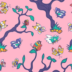 vector doodle colorful butterfly and tree seamless pattern on pink