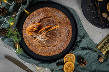 Christmas orange cake decorated with dried oranges