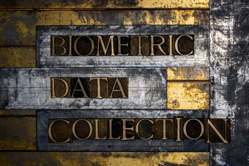 Biometric Data Collection text message on textured grunge copper and vintage gold background