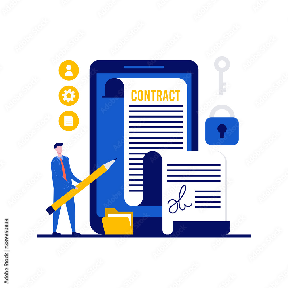 Poster electronic contract or online contract concept with character. e-contract document sign via smartpho