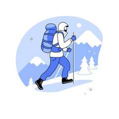 Winter hiking abstract concept vector illustration. Hiking experience, warm clothing, mountain lodge vacation, winter walking, outdoor activity, buy apparel online, destination abstract metaphor.