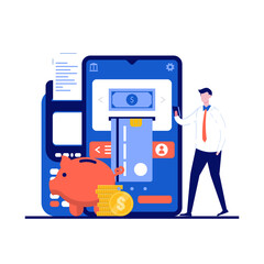 Internet mobile payment concept with character. People holding coin on smartphone. Protection money transfer, online bank. Modern flat style for landing page, mobile app, infographics, hero images