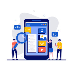 UX / UI design concept with character. Programmer creates a custom design for a mobile application. Modern flat style for landing page, mobile app, poster, web banner, infographics, hero images