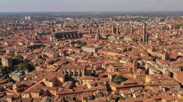 Bologna, Italy: Aerial view of historic center of city with iconic landmark Two Towers (Le due torri) - landscape panorama of Europe from above