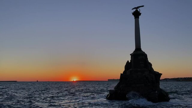 Beautiful landscape at sunset Monument to the sunken ships in Sevastopol